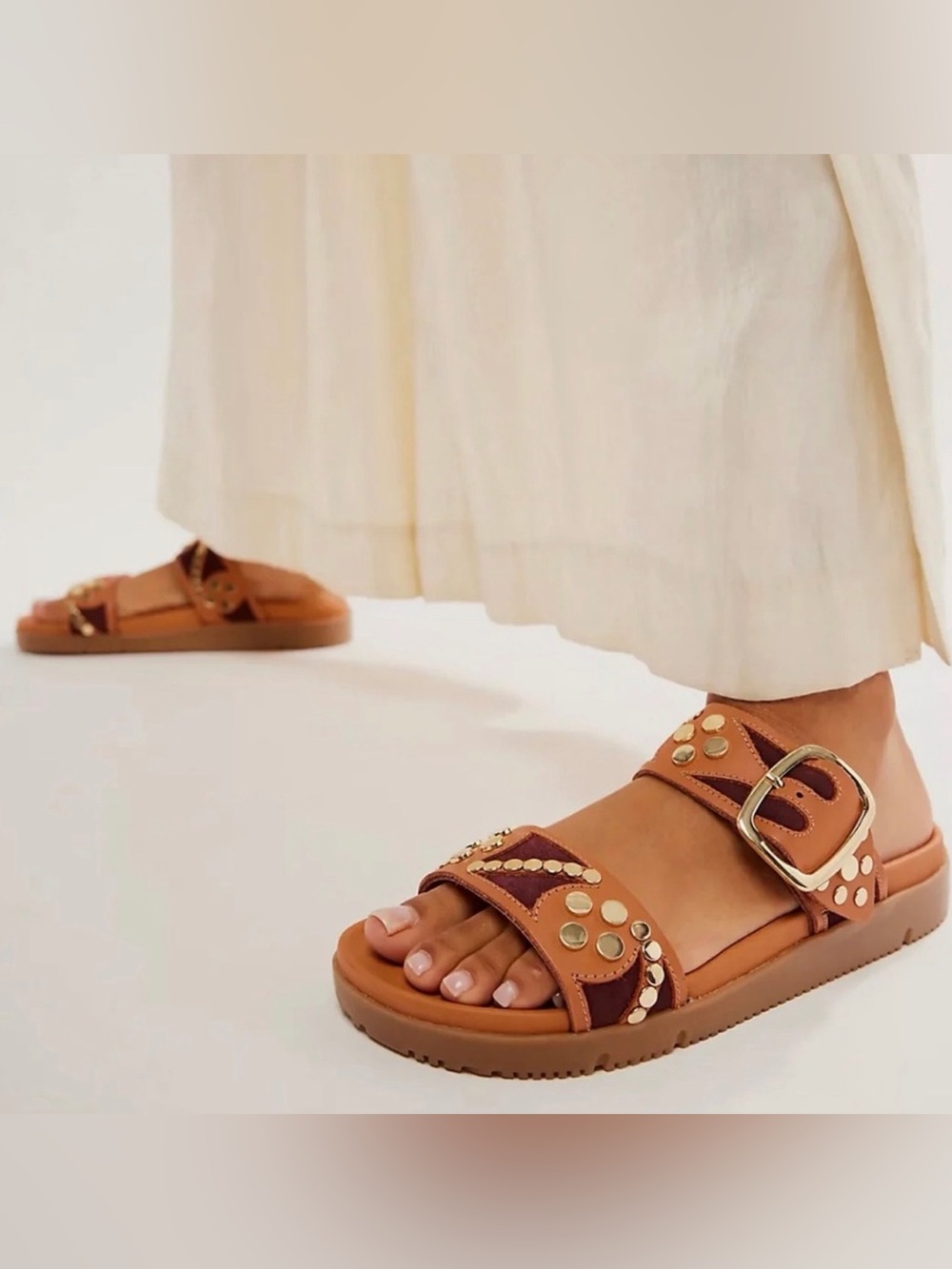 Free People Revelry Tan Leather Studded Slide Sandals - Boho Slip-On-Size 8 NWT